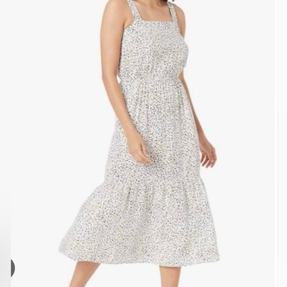 Amazon Essentials White Floral Square-Neck Midi Dress with Pastel Print